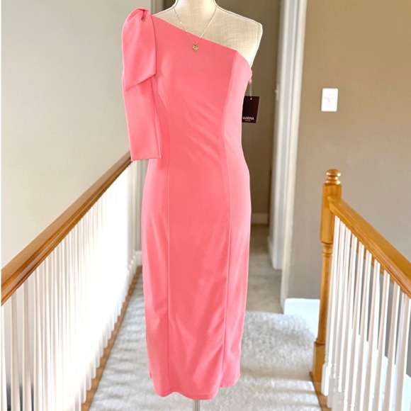 MARINA Dresses & Skirts - Marina Midi Crepe Dress One Shoulder Bow Accent In Coral Size XS